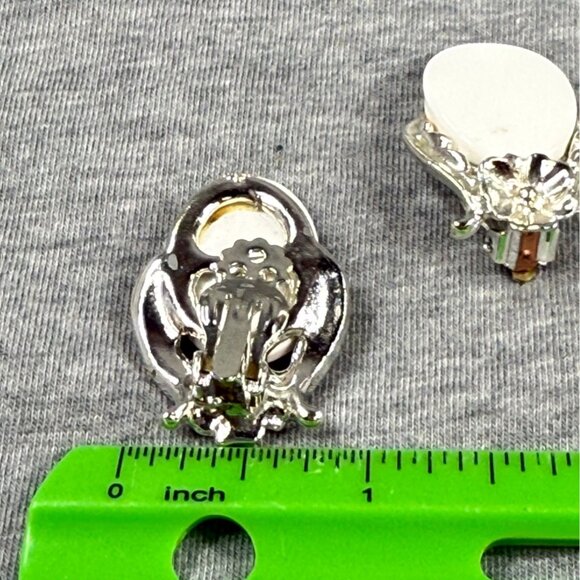 Vintage Silver-Tone Clip-On Earrings With Floral Design & White Oval Accents - Picture 10 of 16